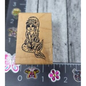 Mermaid‎ Woman Sitting Rubber Stamp Wood #N65